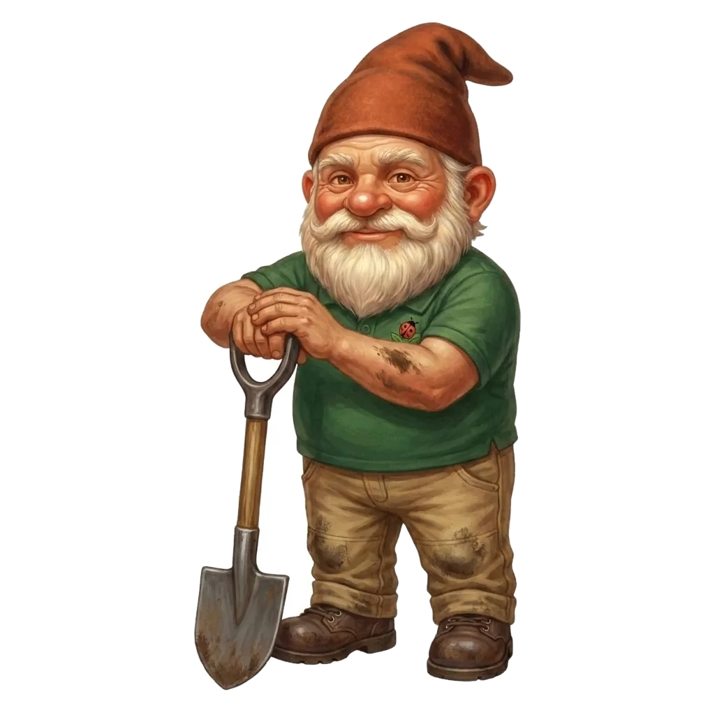 Gnome leaning on his shovel, stopping to talk