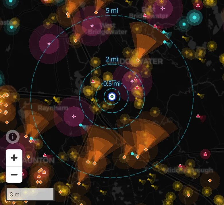 The contamination map at camera z10.0, showing severity-tiered contamination site markers and directional plume fans around one parcel, with the 0.5-, 2- and 5-mile rings all in frame — captured on production commit be9a6e9bc.