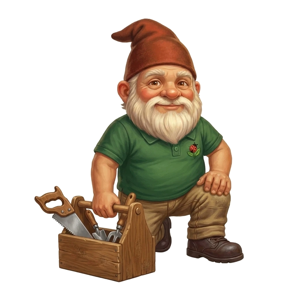 Gnorman crouched beside his wooden toolbox, a saw resting in it