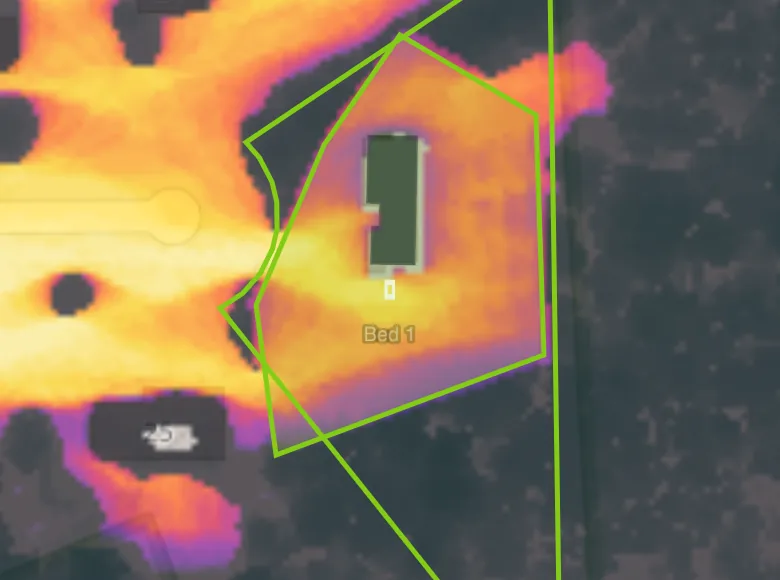 The same parcel, wiped past the parcel to the full "After your edit" view — the felled canopy south of the house reads clearly at this size. Peak-season sun across your open ground: ≈5.2 h → ≈7.3 h — approximate to your drawn edit, not a new score.