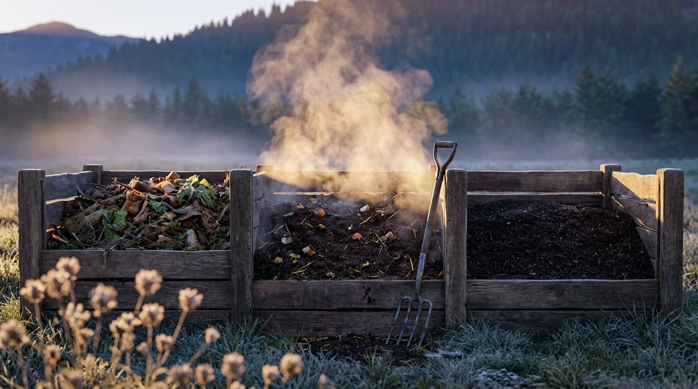 A three-bay compost run with the middle bay just turned, steam lifting off the freshly exposed face, a fork left standing in the pile.