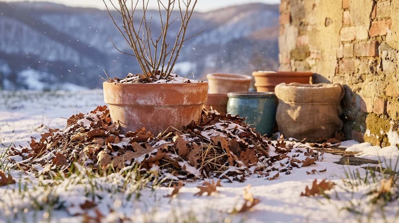 Pots wintering against a brick wall in snow: a bare-stemmed shrub in a terracotta pot banked in a heap of oak leaves, more pots clustered behind it, and one sunk inside a burlap sack.