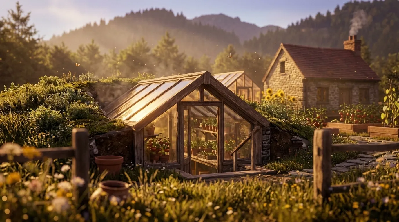 Earth-sheltered greenhouse (walipini) built into a hillside with south-facing glass roof, lush plants growing inside