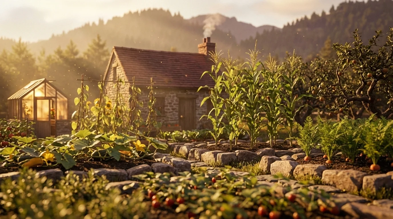A cottage kitchen garden planted straight into the ground: stone-edged beds of squash, corn, carrots and strawberries running back to a small greenhouse and an apple tree.