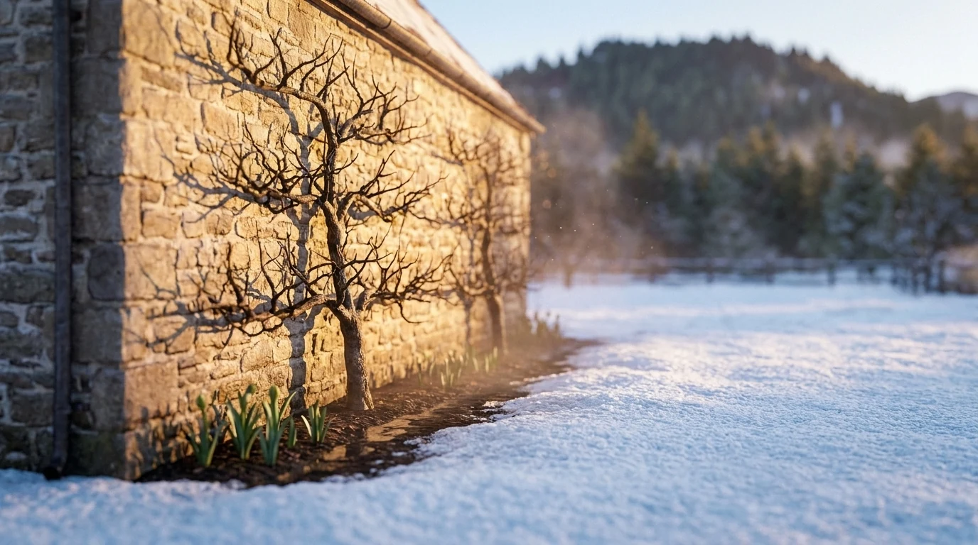 Espaliered fruit trained flat against a sunlit south-facing wall, with snow still lying on the open ground but melted away in a strip at the wall's foot.
