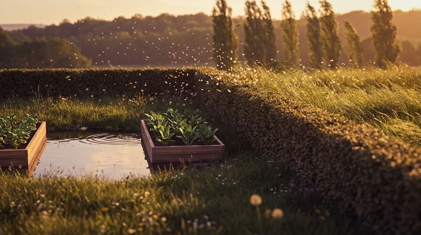 Growing beds beside a pond in evening calm, with a hedge standing along the windward side and the water still.