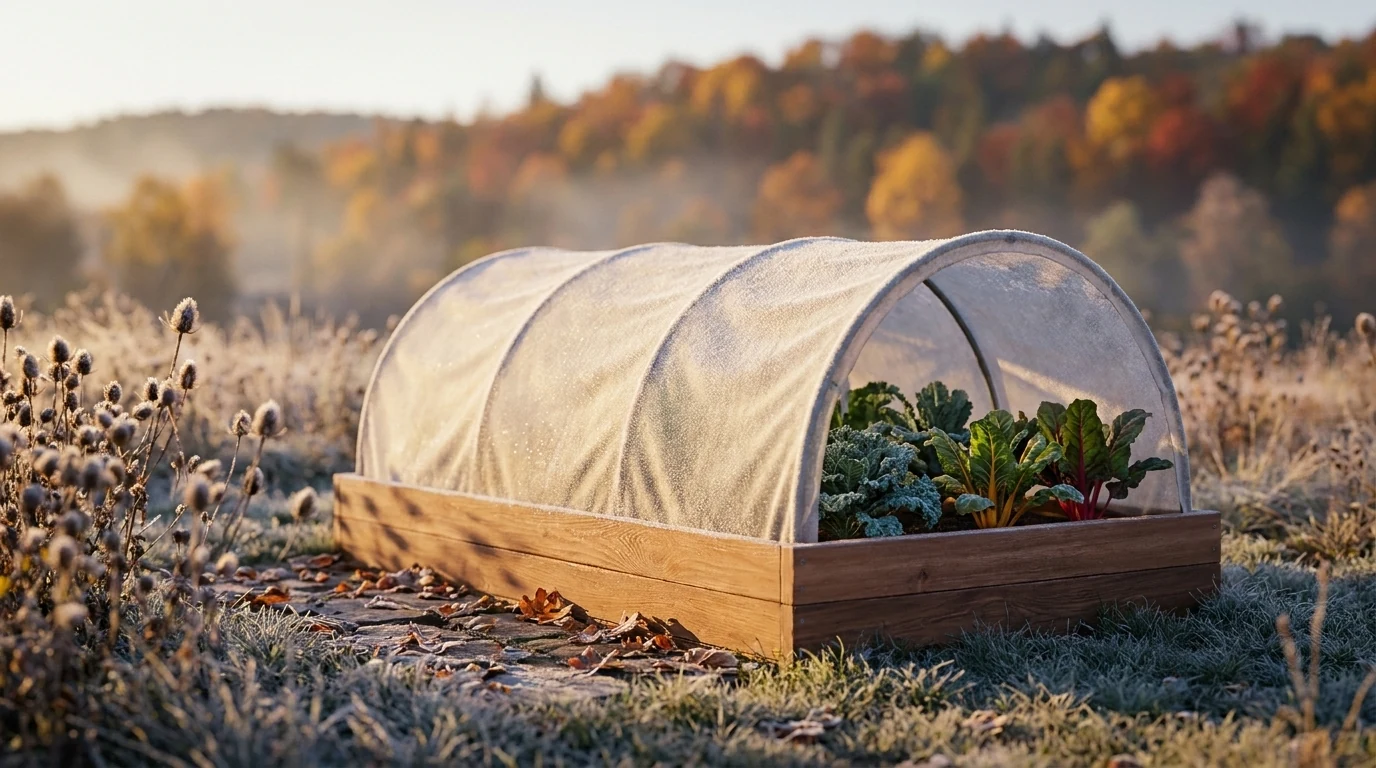 Kale and chard under a hooped cover, frost lying on the fabric and autumn colour in the trees behind.