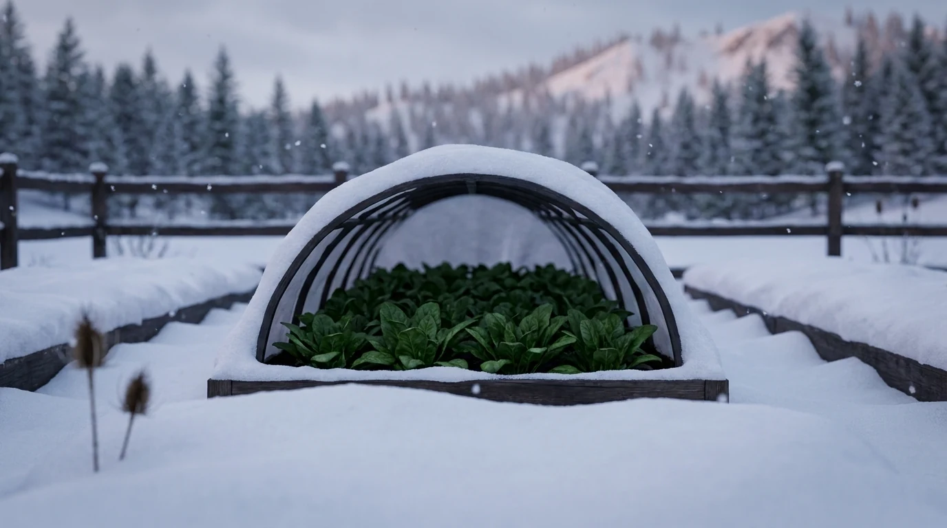 A snow-covered low tunnel with one end opened to show green leaves alive inside it.