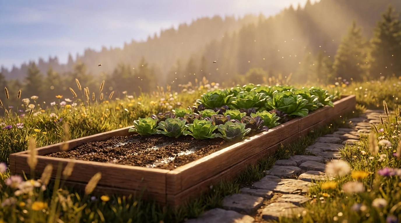 One long bed carrying three stages down its length at once — just-sown soil, half-grown rows, and a harvest-ready end.