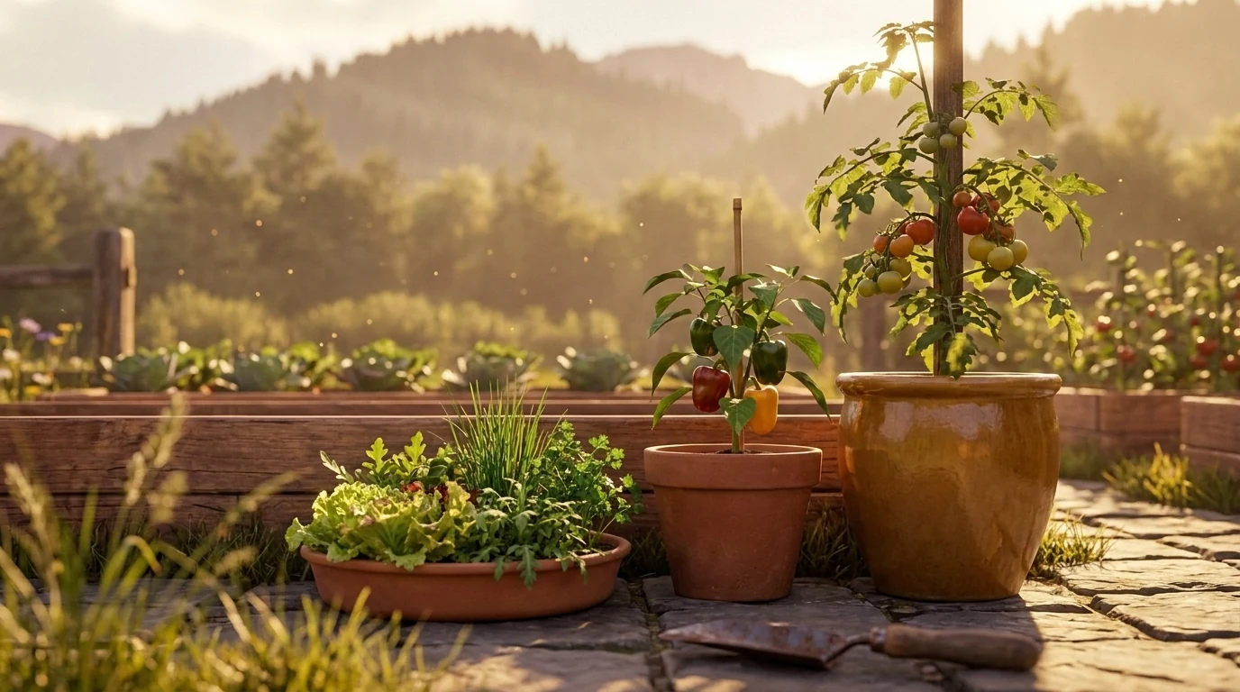 Three containers side by side on a stone patio, ascending in size: a shallow bowl of lettuce, chives and parsley; a terracotta pot holding a sweet pepper; a large glazed pot with a staked tomato.