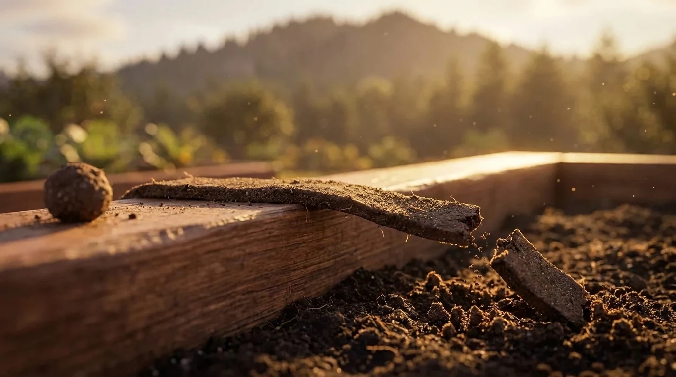 A flat pressed band of moist soil lying along a cedar bed rail and extending past its edge, snapped off at the tip, with the broken length fallen into the worked soil below and a rolled ball of the same soil beside it.