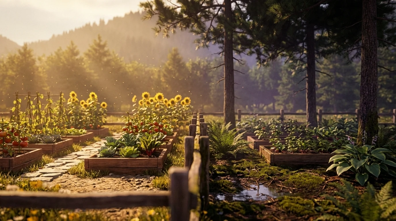 One frame showing two neighbouring yards separated by a low fence: open, sunny, well-drained beds on the left, and damp low ground in the shade of tall pines on the right.