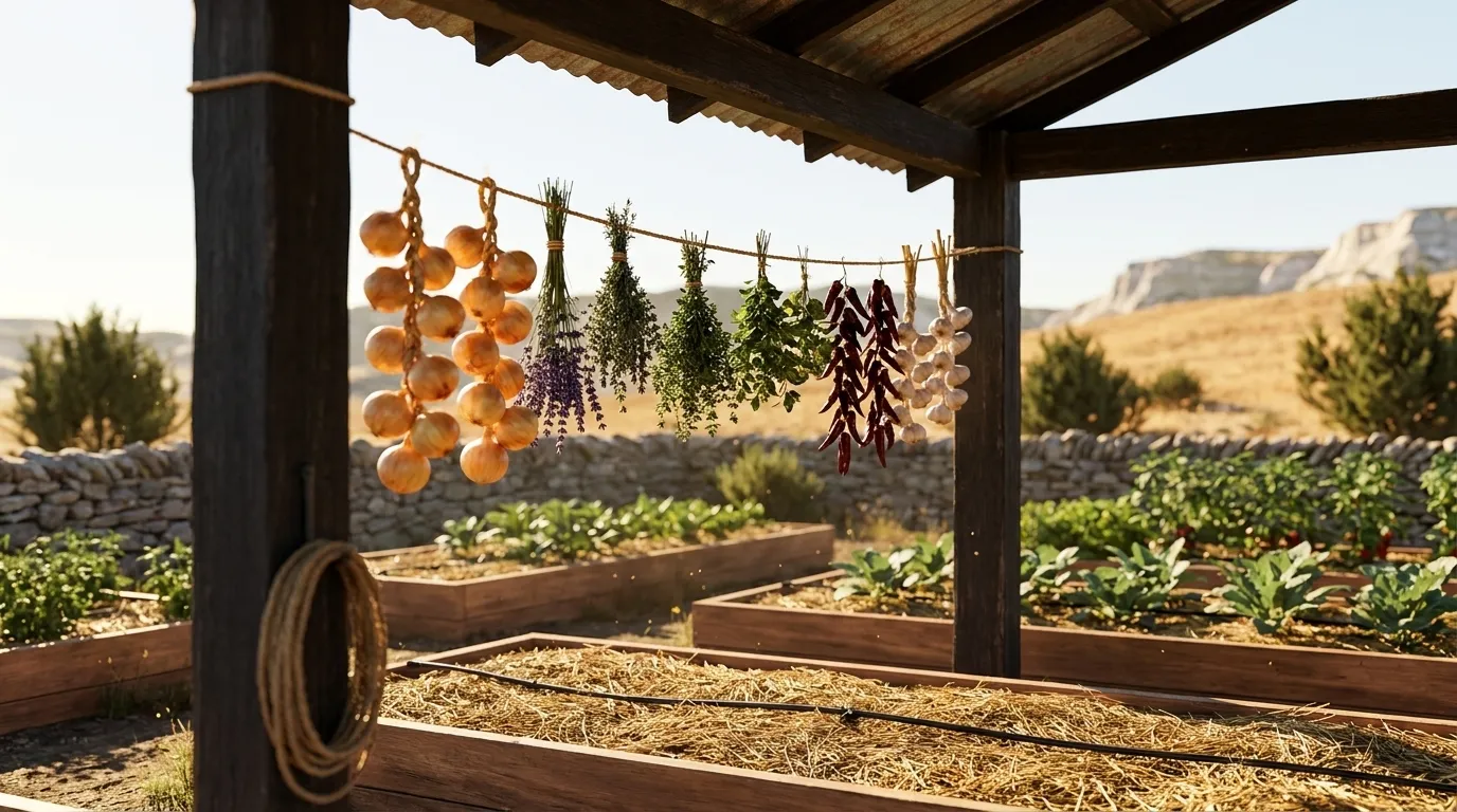 Illustration of a dry-country kitchen garden — onions, chiles, garlic and herbs curing on a line under a timber ramada, drip lines and straw mulch on the beds beyond, arid hills behind a stone wall.