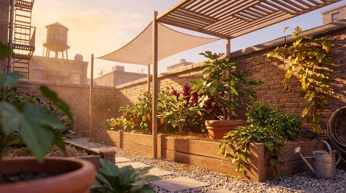 A walled city garden at low sun: raised timber beds and terracotta pots against old brick, a shade sail on posts, a fire escape and a rooftop water tower beyond the wall.
