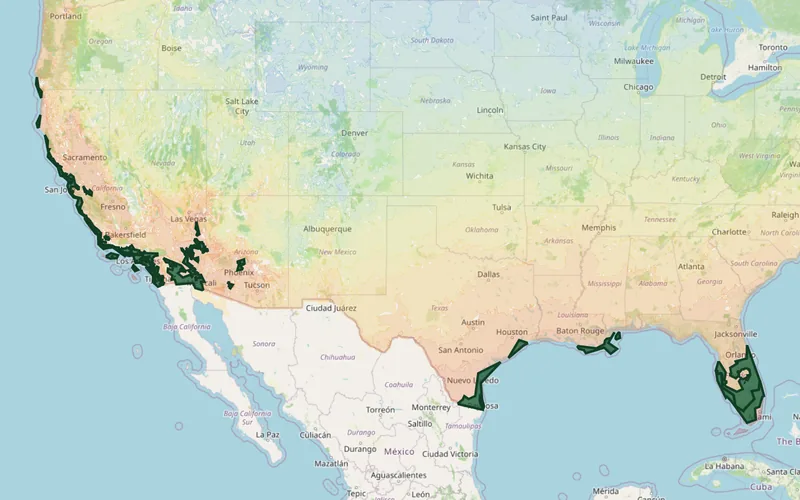 Zones 10A–10B highlighted on the USDA national hardiness zone map