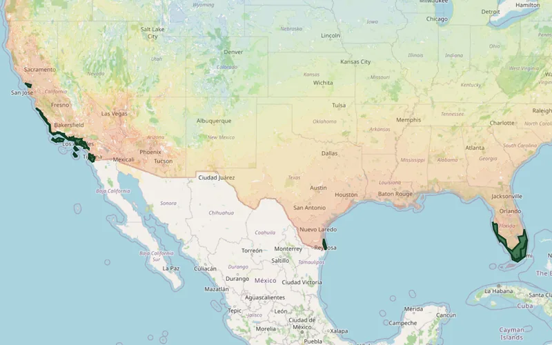 Zones 10B–11A highlighted on the USDA national hardiness zone map