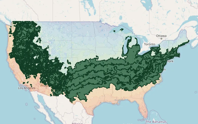 Zones 6A–8A highlighted on the USDA national hardiness zone map
