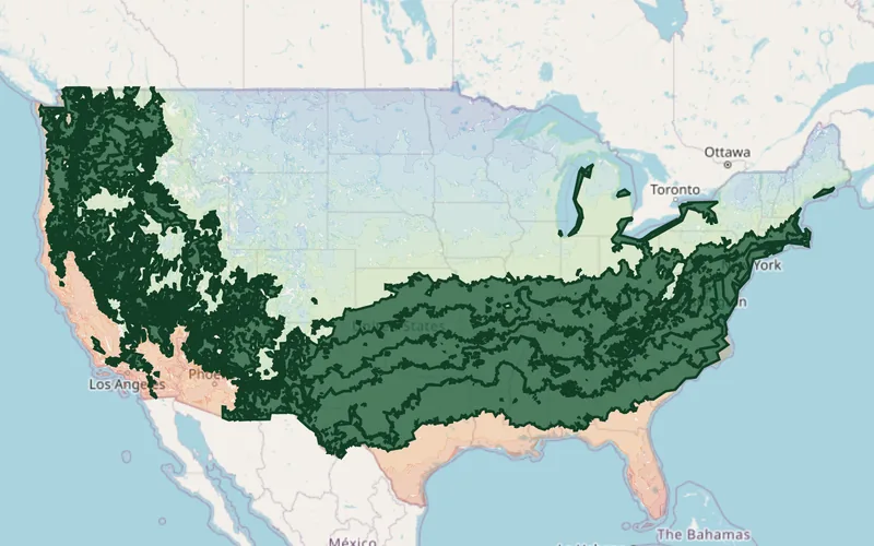 Zones 6B–8B highlighted on the USDA national hardiness zone map