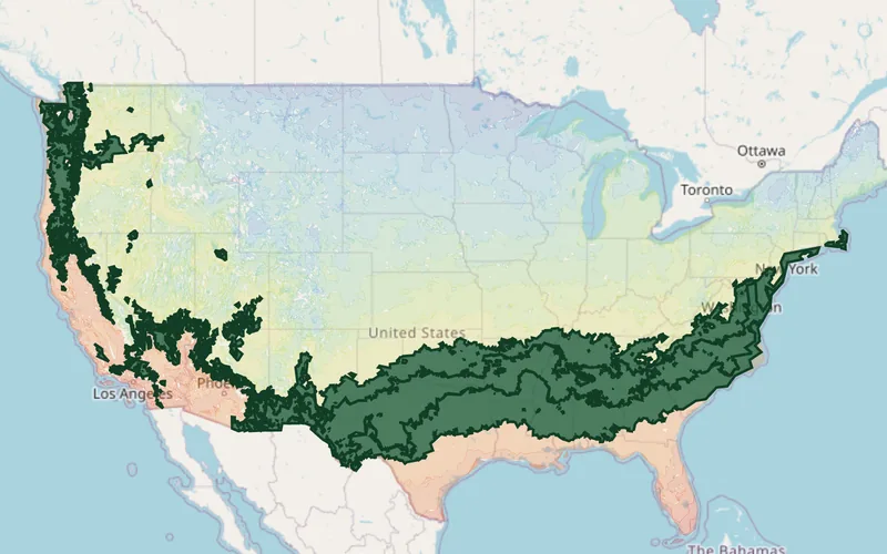 Zones 7B–8B highlighted on the USDA national hardiness zone map
