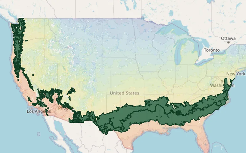 Zones 8A–8B highlighted on the USDA national hardiness zone map