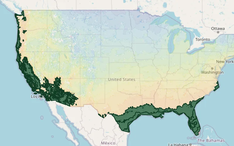 Zones 9–10 highlighted on the USDA national hardiness zone map