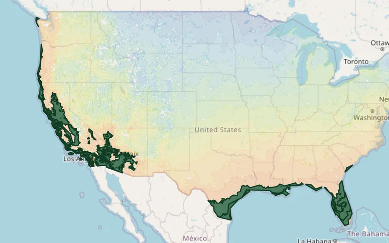 Zones 9B–10B highlighted on the USDA national hardiness zone map